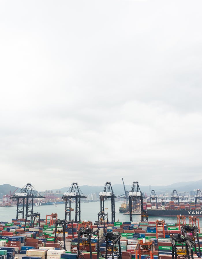 A bustling harbor scene with colorful shipping containers and towering cranes against a cloudy sky.